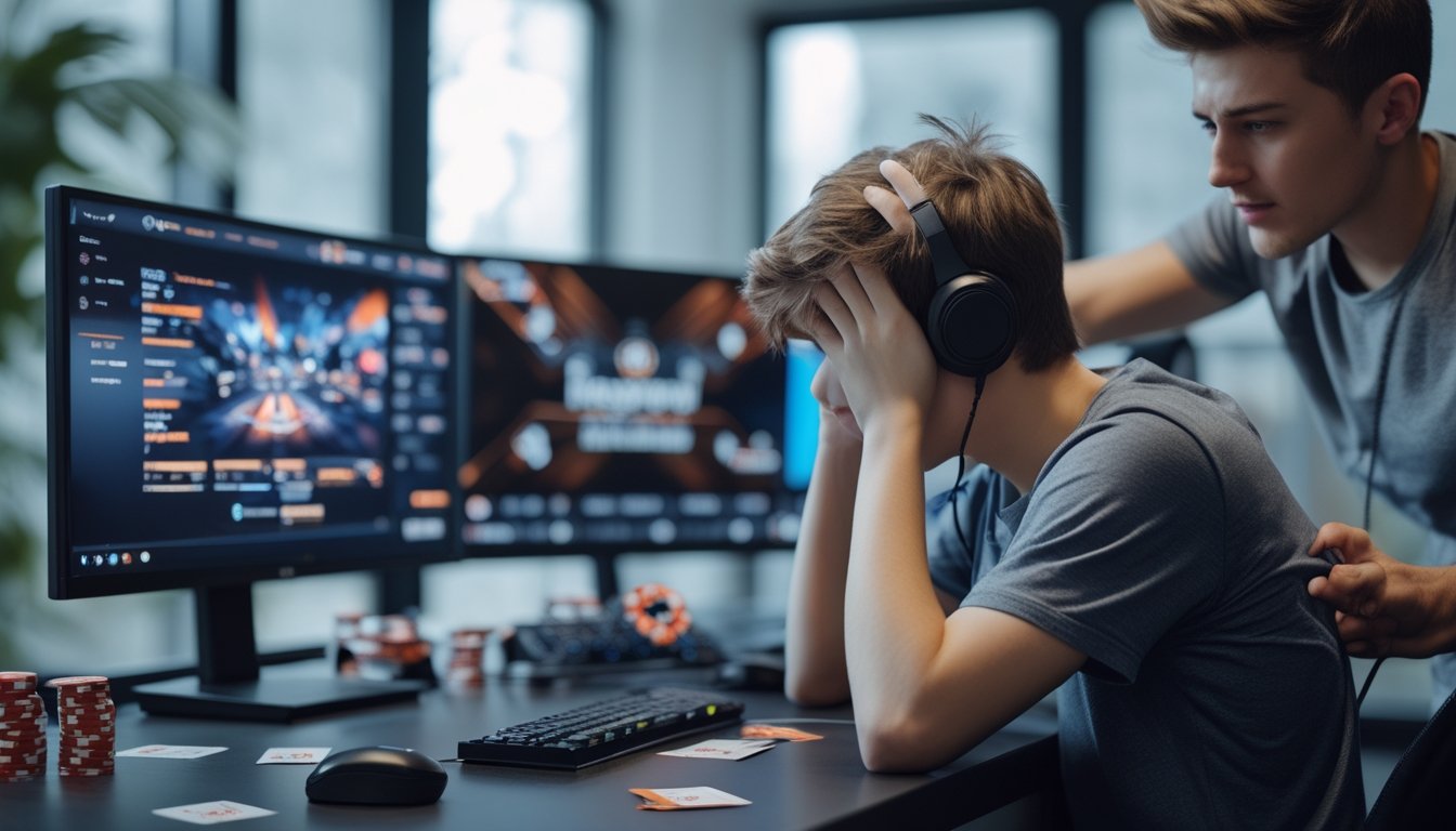 Seorang pemain muda esports terlihat stres di depan komputer dengan seseorang yang mendukungnya di belakang.