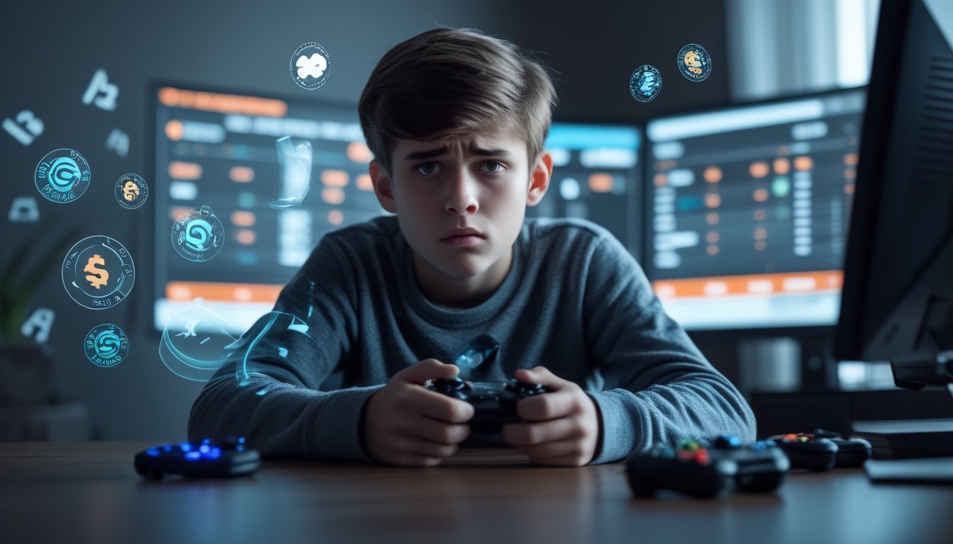 Seorang remaja terlihat cemas sambil memegang pengontrol game di sebuah ruangan dengan layar komputer yang menampilkan permainan esports dan simbol taruhan di sekitarnya.