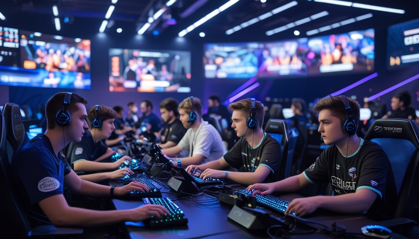 Sekelompok pemain muda sedang bermain esports dengan serius di ruangan yang diterangi lampu warna biru dan ungu, dengan layar besar menampilkan permainan di latar belakang.