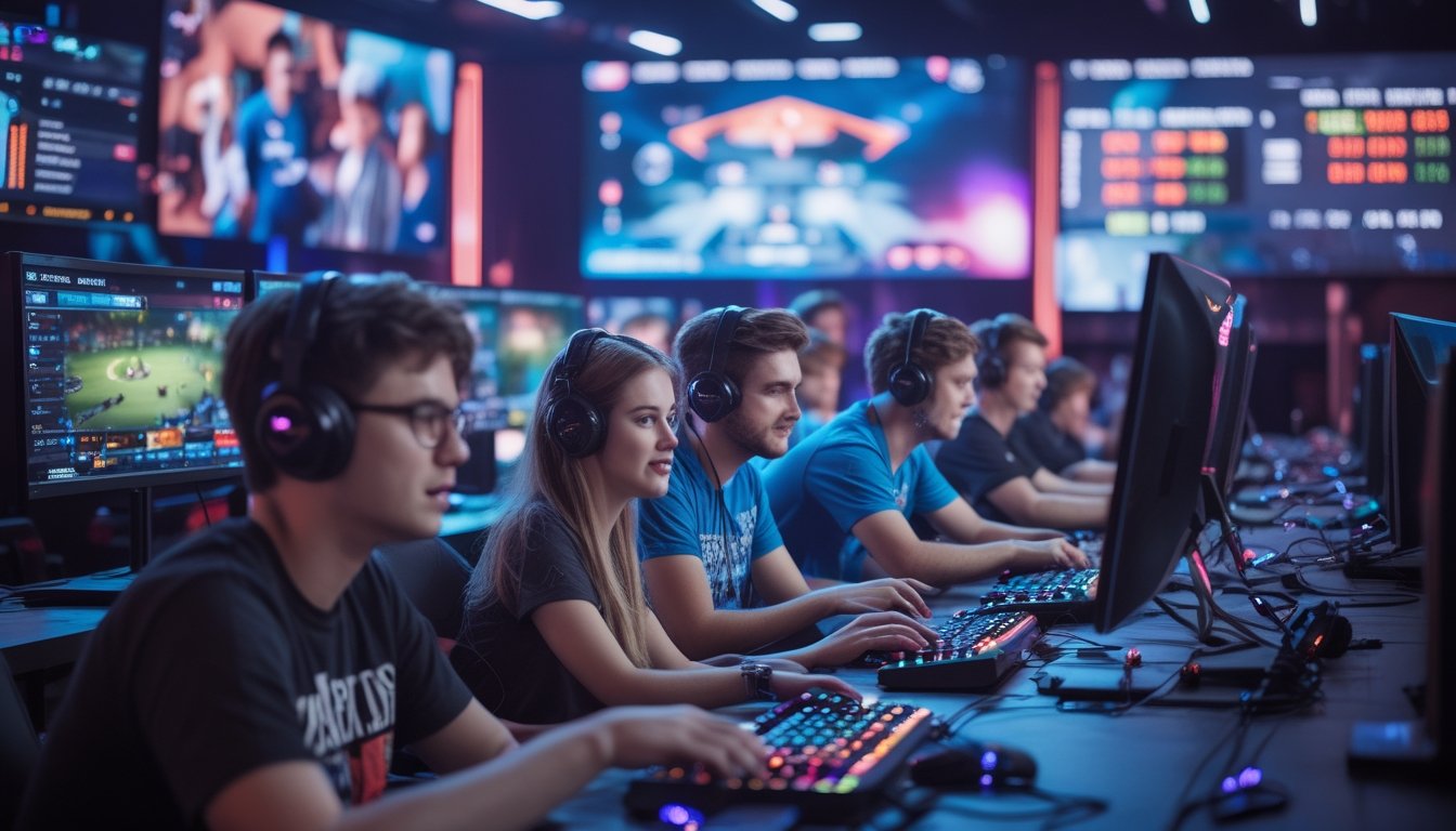 Sekelompok orang muda sedang bermain video game dan menonton pertandingan esports di ruang bermain modern dengan layar besar.