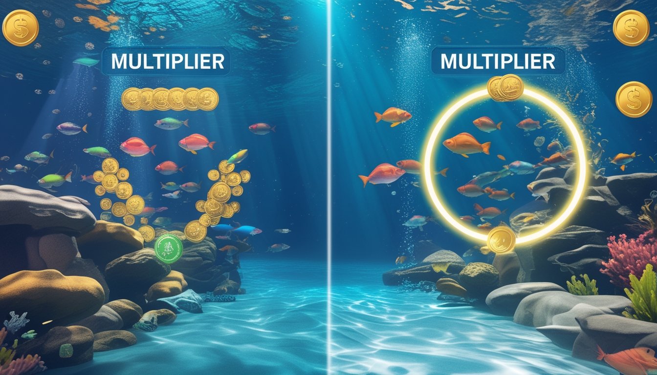 Pemandangan bawah laut dengan ikan berwarna-warni, menampilkan perbedaan antara permainan tembak ikan multiplier dan klasik.