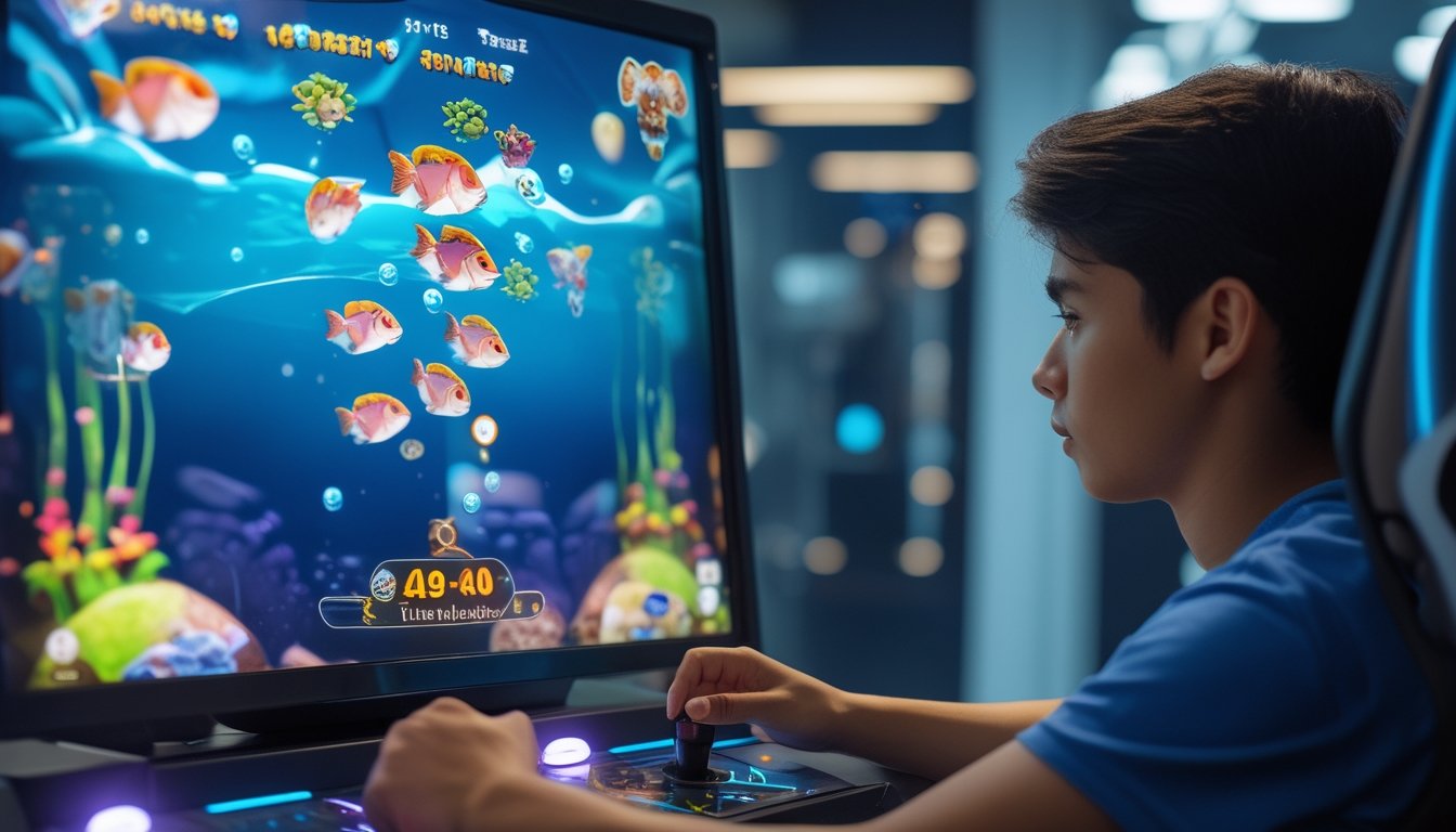 Seorang dewasa muda sedang fokus bermain permainan tembak ikan di mesin arcade dengan grafik ikan berwarna-warni dan ikon multiplier.