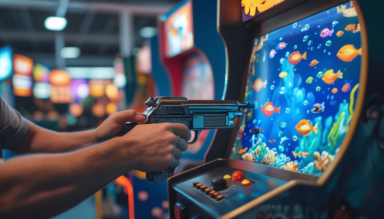 Seorang pemain sedang mengarahkan senjata arcade ke layar permainan ikan di dalam sebuah arena game.
