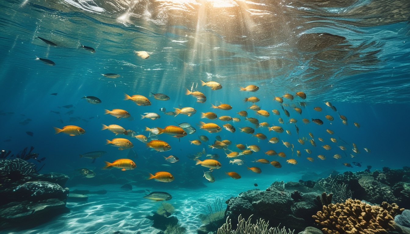 Pemandangan bawah air dengan ikan-ikan berwarna-warni yang berenang dalam kelompok di sekitar terumbu karang.
