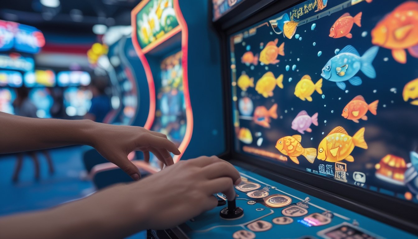 Seorang pemain sedang menggunakan joystick dan tombol pada mesin permainan menembak ikan klasik dengan ikan berwarna-warni di layar.