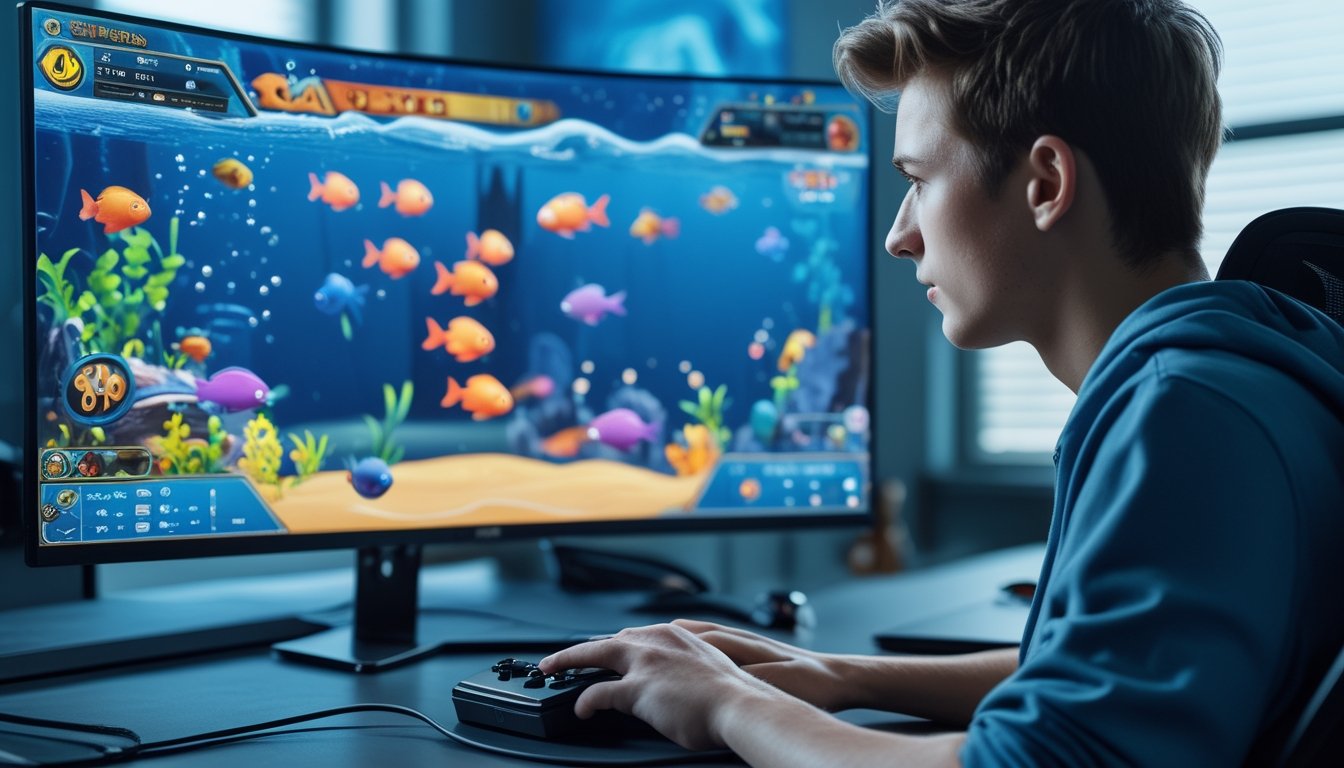 Seorang pria muda fokus bermain permainan tembak ikan klasik di komputer dengan latar ruangan gaming yang terang dan bertema bawah laut.