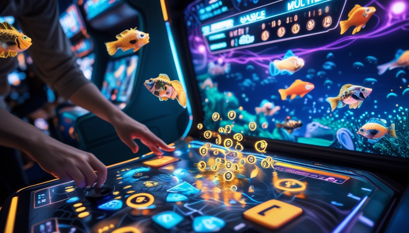 Adegan permainan arcade tembak ikan dengan berbagai ikan berwarna-warni dan simbol pengali yang menyala, menunjukkan mode permainan yang lebih menarik dan seru.
