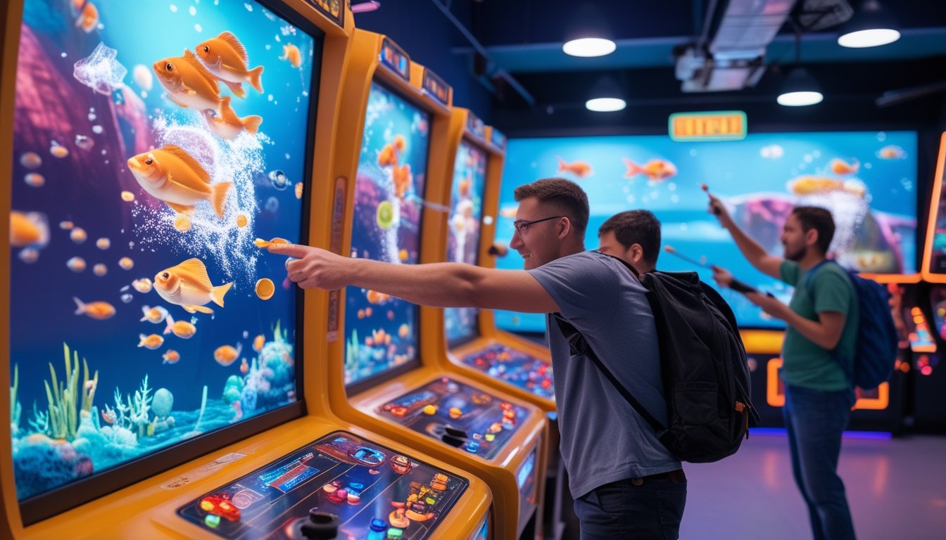 Suasana ruang arcade dengan beberapa pemain yang sedang bermain game tembak ikan secara multiplayer di layar digital berwarna-warni.