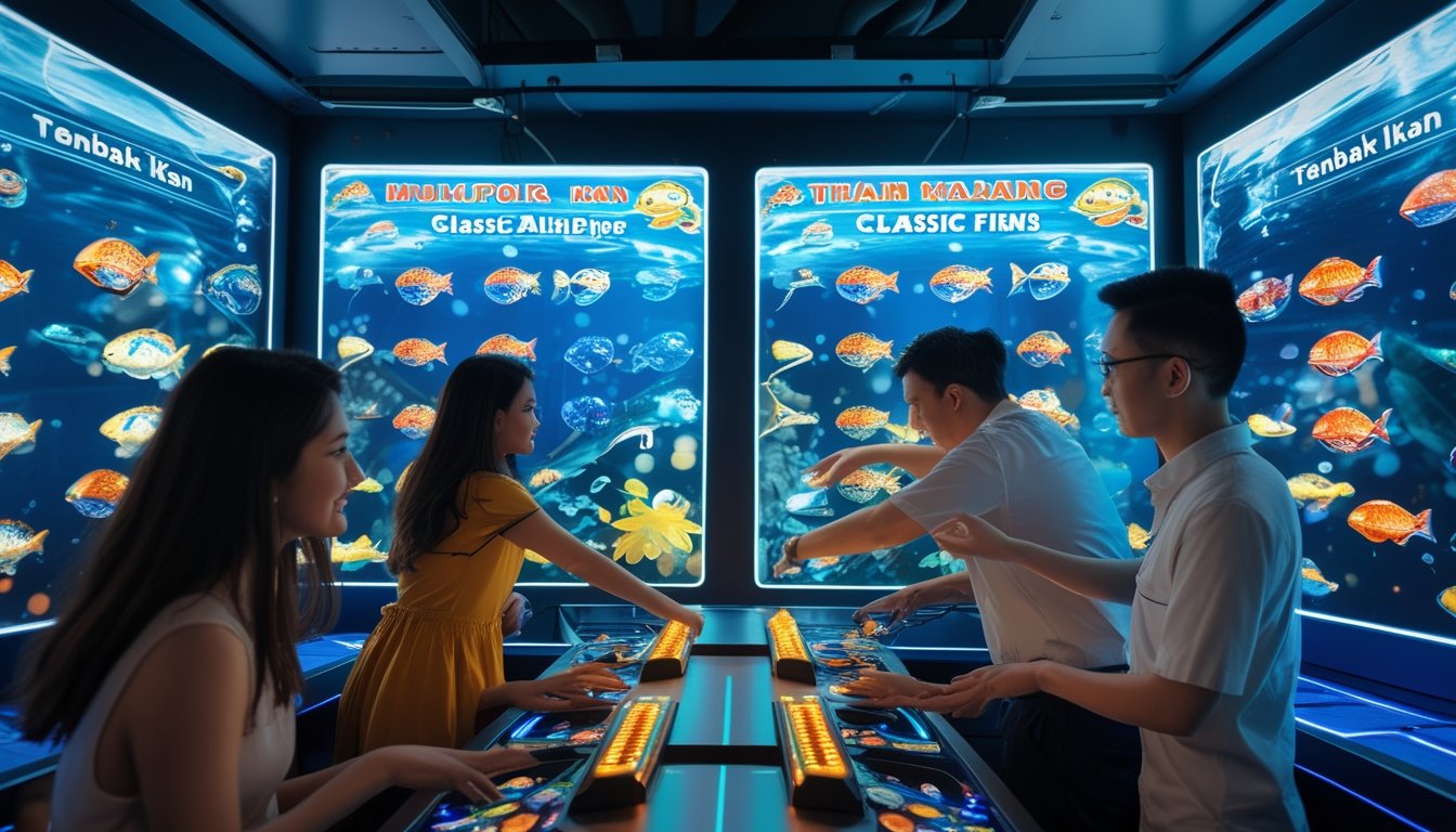 Beberapa orang sedang bermain permainan tembak ikan di mesin arcade dengan layar penuh warna ikan dan simbol multiplier, di dalam ruangan arcade modern.