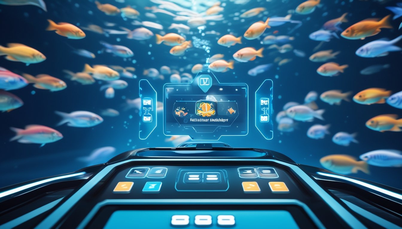 Tampilan antarmuka permainan tembak ikan dengan latar bawah laut penuh ikan berwarna-warni dan panel kontrol permainan yang modern dengan indikator pengali.