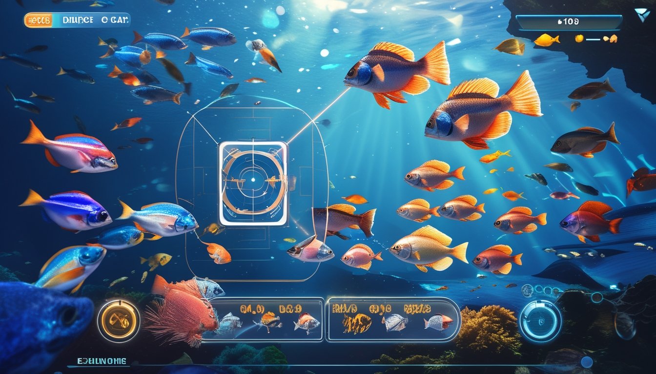 Adegan bawah laut dengan berbagai ikan berwarna-warni dan efek multiplier, menampilkan antarmuka permainan menembak ikan yang modern.