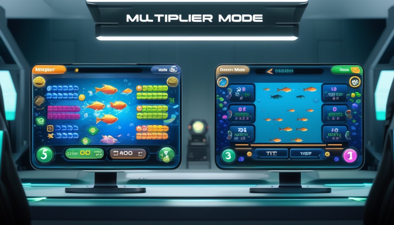 Dua layar game menampilkan mode Multiplier dan mode Klasik dalam permainan tembak ikan dengan latar belakang bertema bawah laut.