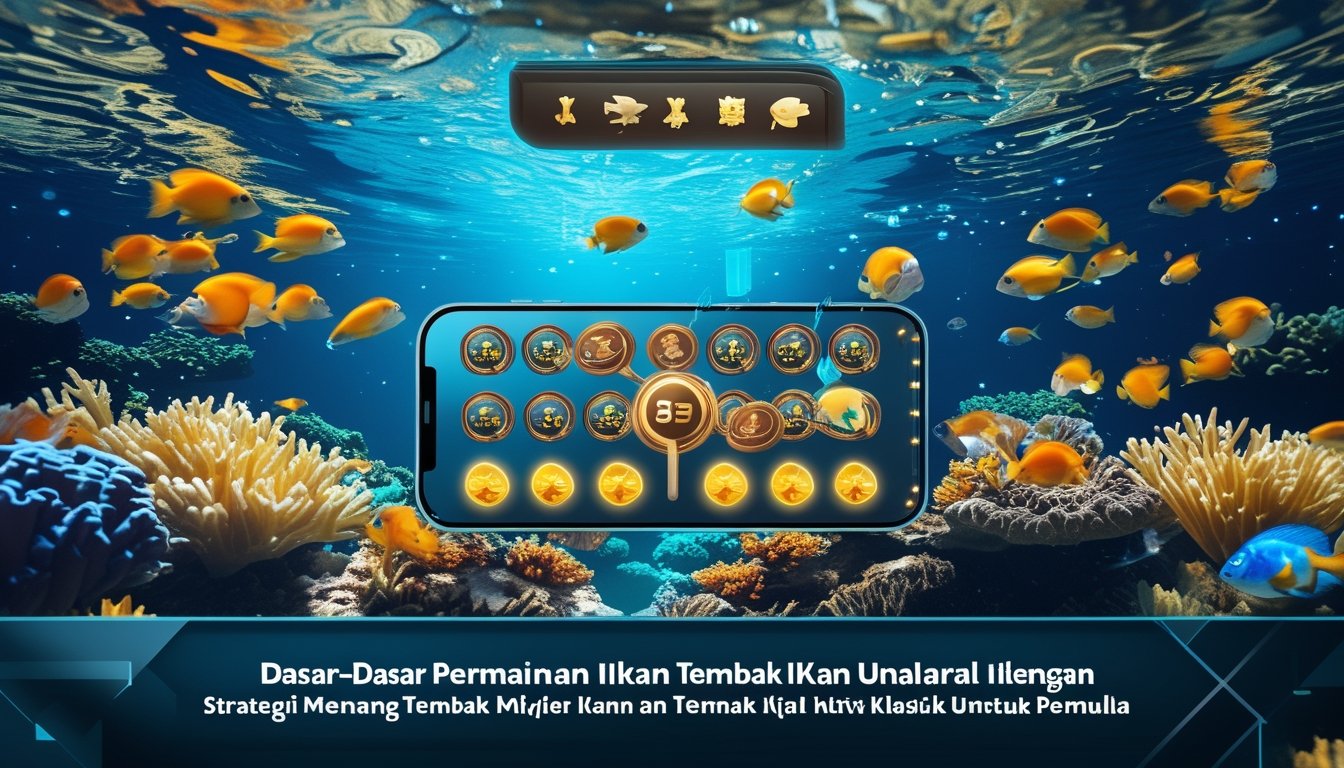 Pemandangan bawah laut dengan terumbu karang berwarna-warni dan berbagai ikan tropis, dilengkapi dengan elemen antarmuka permainan tembak ikan.