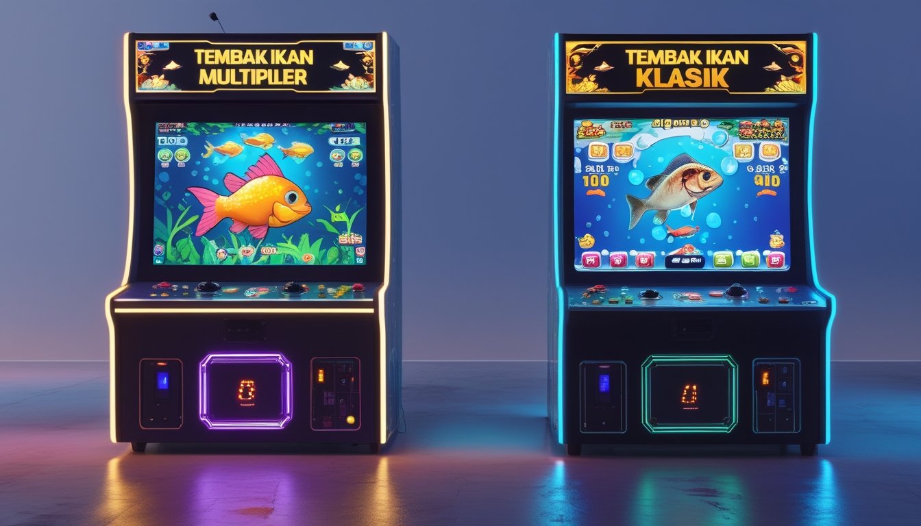 Dua mesin permainan arcade tembak ikan berdampingan, satu dengan efek multiplier yang cerah dan satu dengan tampilan klasik yang sederhana.