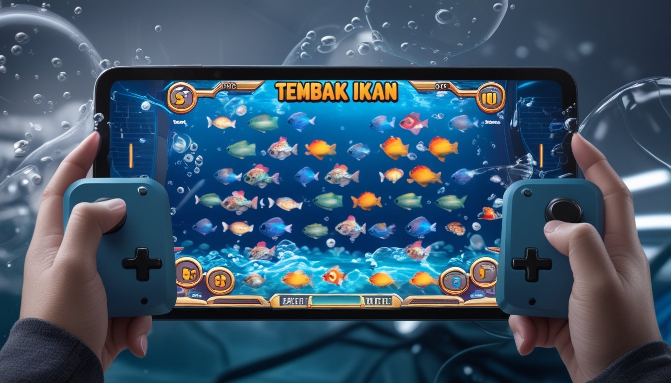 Tampilan permainan tembak ikan dengan ikan berwarna-warni di layar dan pengendali permainan di sampingnya, menunjukkan dua gaya permainan yang berbeda.