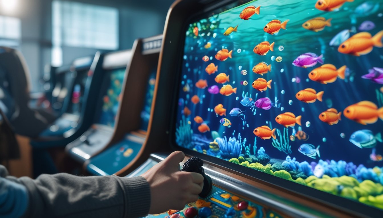 Tangan memegang pengendali permainan menembak ikan klasik di layar dengan ikan warna-warni berenang.