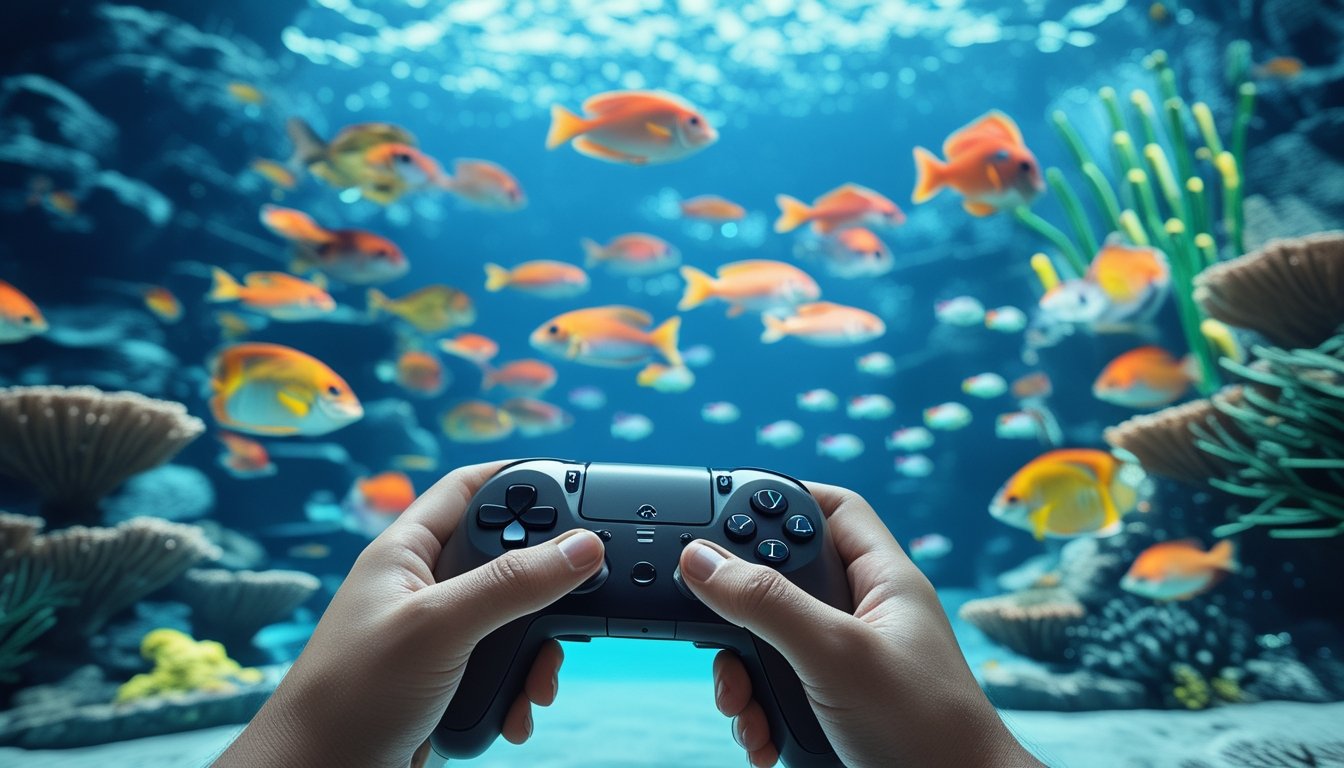Tangan pemain memegang pengendali game dengan latar bawah laut berisi ikan berwarna-warni dan terumbu karang.