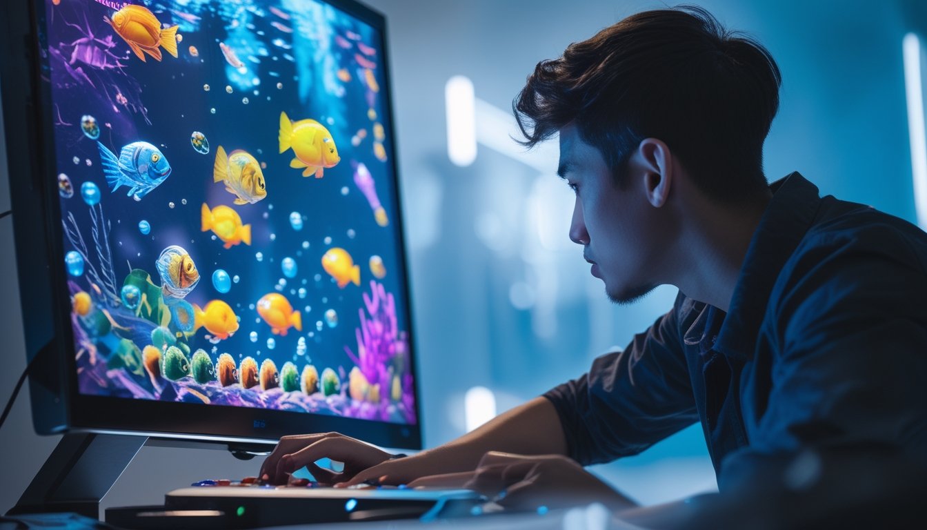 Seorang pemain sedang fokus menggunakan perangkat permainan tembak ikan dengan latar belakang grafis ikan berwarna-warni dan ikon multiplier.
