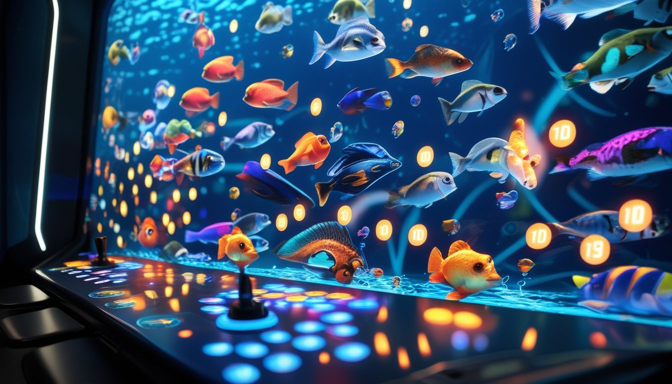 Layar permainan arcade menampilkan ikan-ikan berwarna-warni dengan ikon multiplier yang bersinar, di depan kabinet arcade dengan tombol dan joystick.