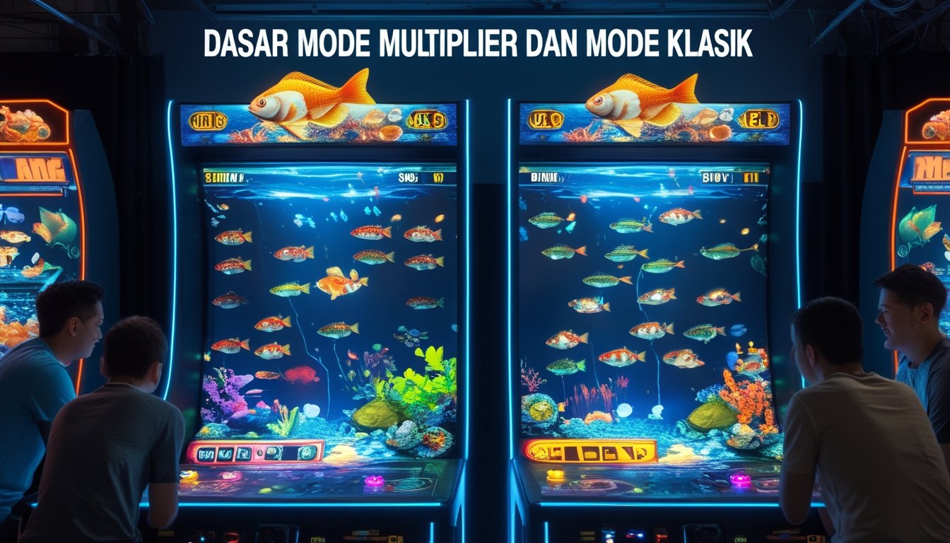Suasana di dalam arena permainan arcade dengan mesin tembak ikan yang menunjukkan perbedaan antara mode klasik dan mode multiplier, dengan pemain yang sedang bermain dan efek visual ikan yang hidup di layar.