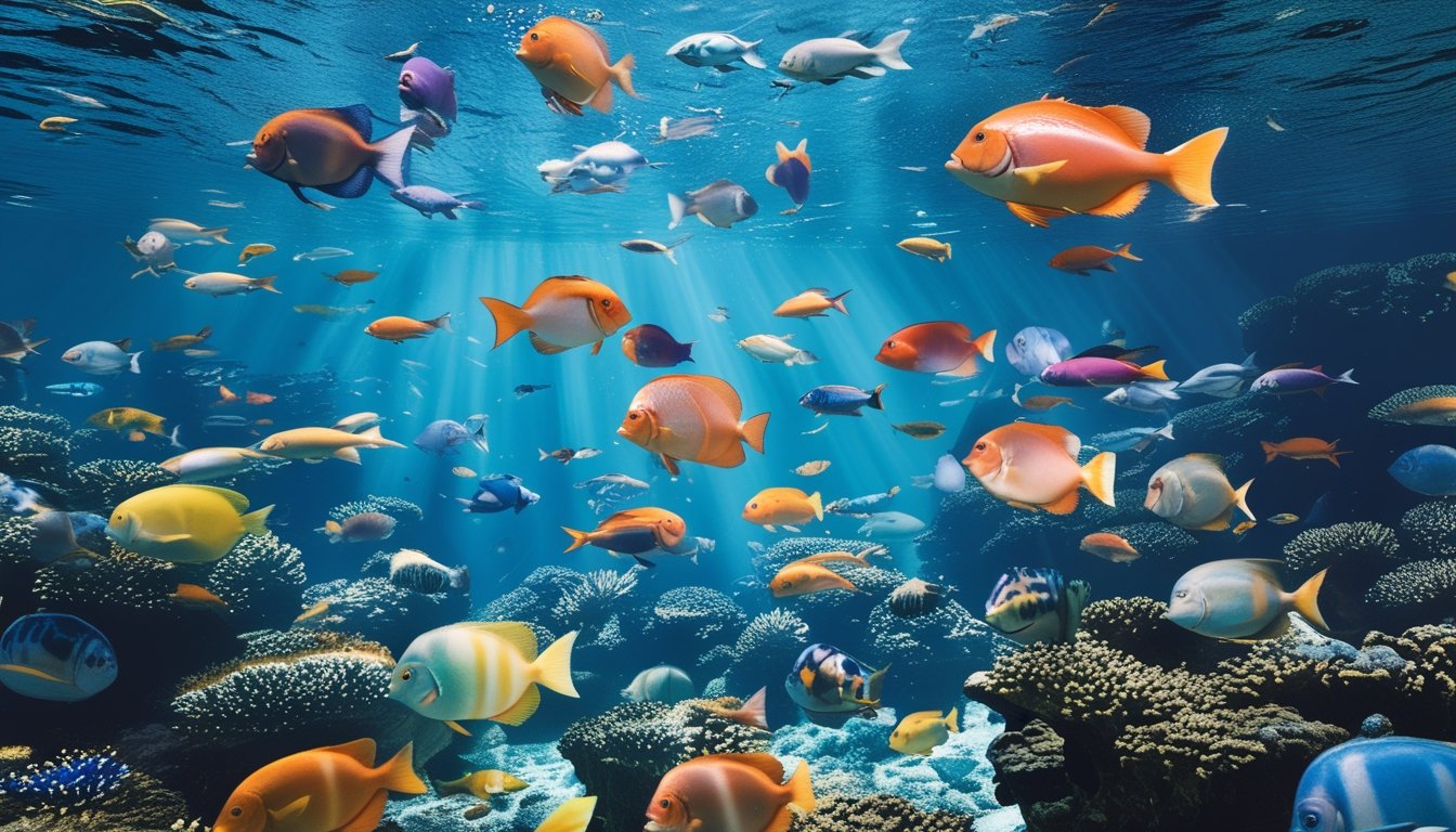 Pemandangan bawah laut dengan berbagai ikan berwarna-warni berenang di antara terumbu karang yang terang.