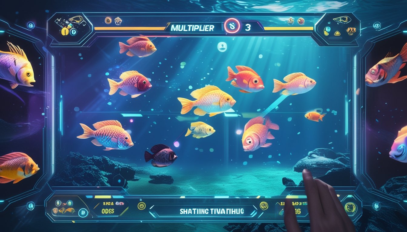 Layar permainan ikan dengan berbagai ikan warna-warni dan ikon multiplier yang menyala, menunjukkan fitur terbaru dalam permainan tembak ikan.