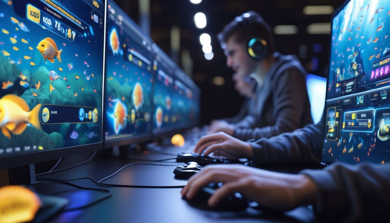 Seorang pemain game sedang fokus bermain permainan menembak ikan dengan layar menampilkan ikan berwarna-warni dan elemen permainan di latar belakang.