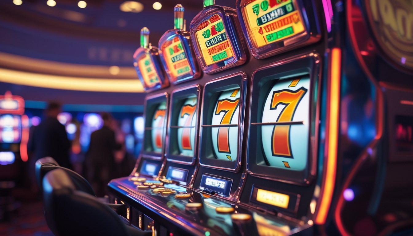 Mesin slot klasik dengan tiga angka tujuh berwarna cerah di kasino yang ramai.