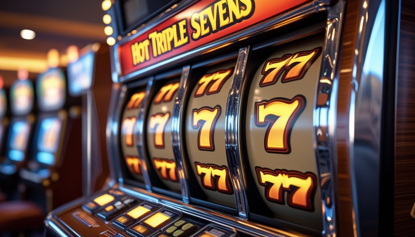 Mesin slot klasik dengan simbol triple tujuh yang menyala di latar kasino yang terang.