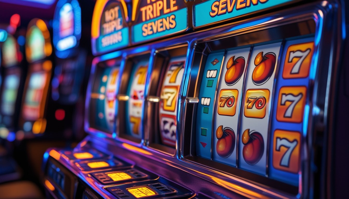 Mesin slot klasik Hot Triple Sevens dengan simbol ikon seperti triple tujuh, ceri, dan bar yang terlihat jelas di dalam suasana kasino.
