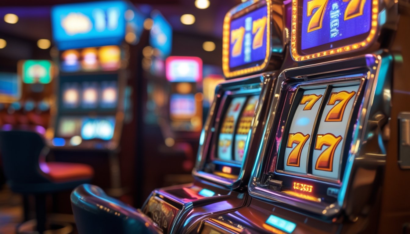 Mesin slot klasik dengan simbol triple tujuh menyala di latar depan dan mesin slot video modern buram di latar belakang dalam suasana kasino.