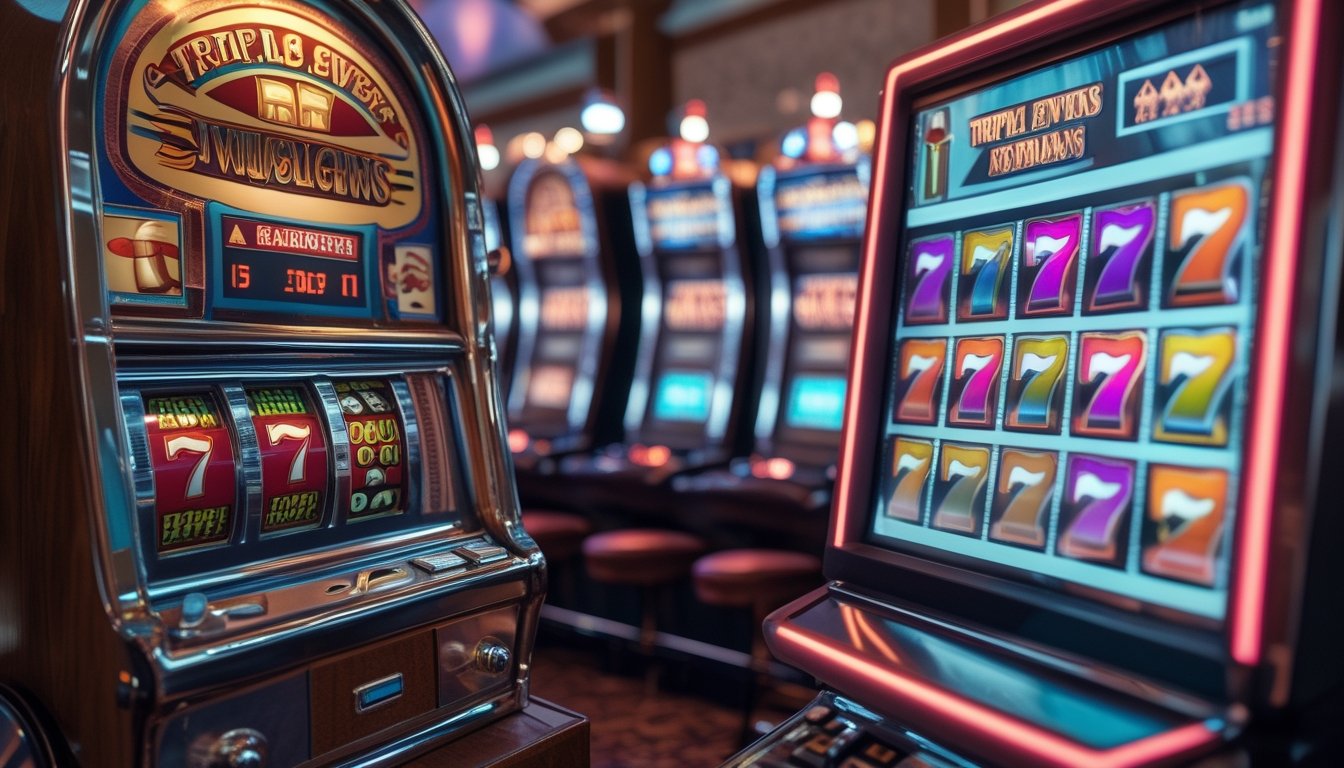 Gambar mesin slot klasik dengan simbol triple tujuh di sebelah mesin slot digital modern yang menampilkan simbol triple tujuh.