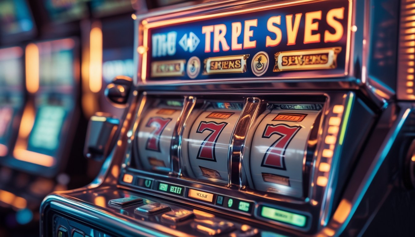 Mesin slot klasik dengan tiga angka tujuh berjejer di tengah, dikelilingi oleh elemen digital yang menggambarkan perkembangan teknologi.
