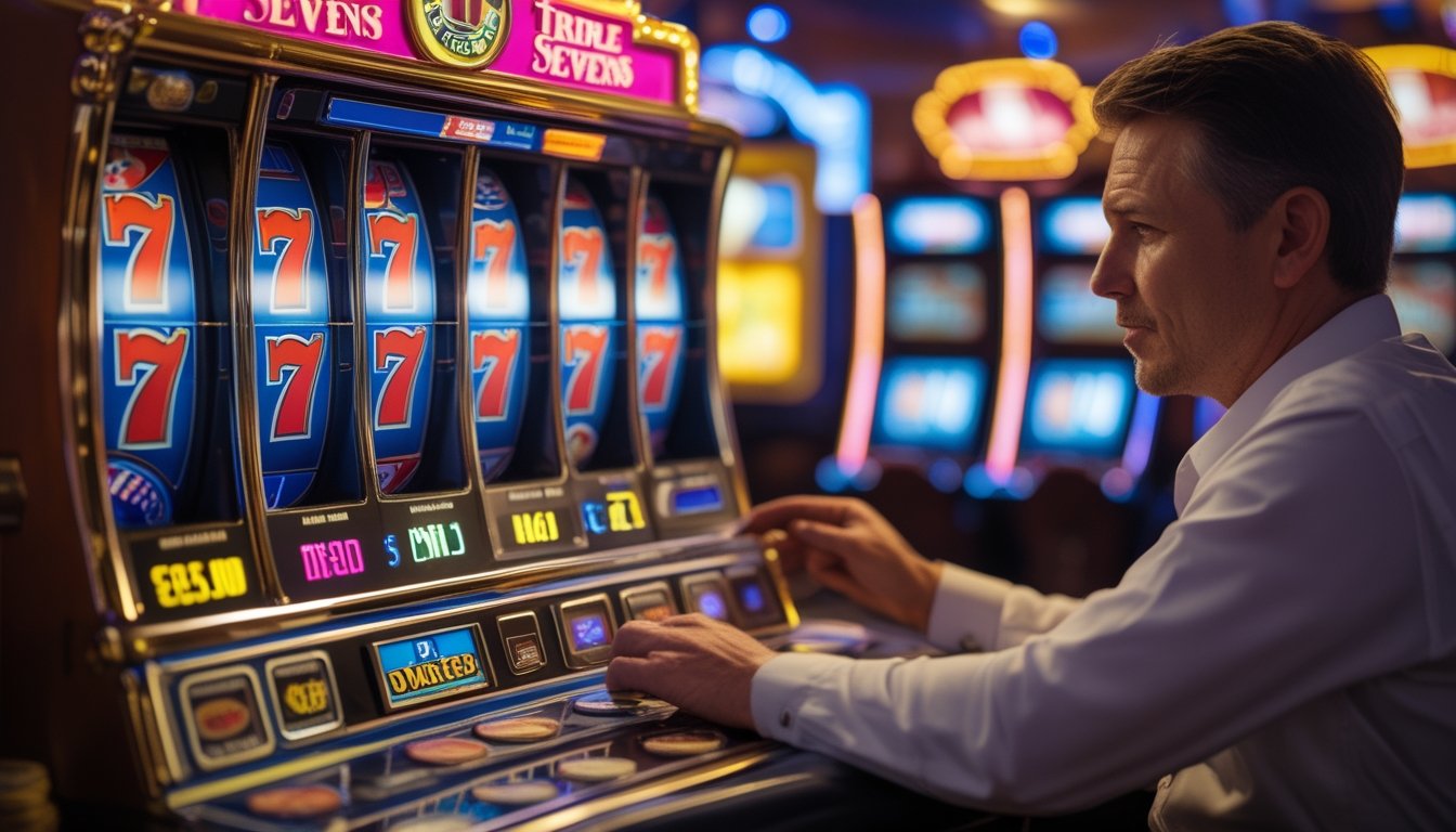 Seseorang sedang memilih taruhan dengan fokus saat bermain mesin slot klasik Hot Triple Sevens di kasino.