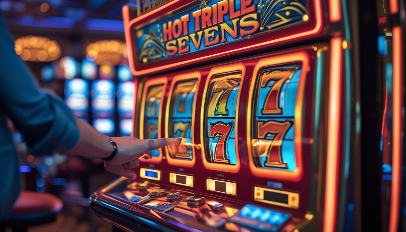 Seorang pemain sedang menekan tombol mesin slot Hot Triple Sevens dengan latar belakang kasino.