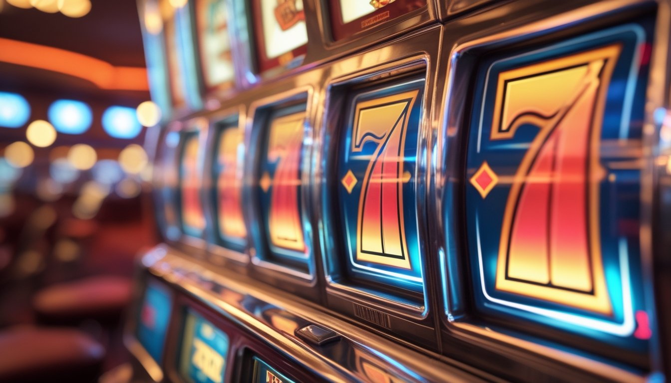 Mesin slot klasik menampilkan simbol triple tujuh yang menyala terang di tengah latar belakang kasino yang kabur.