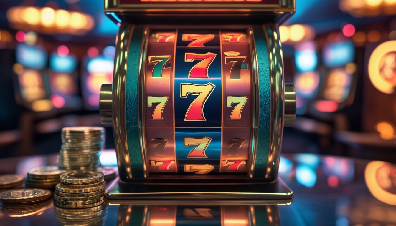 Gambar close-up simbol triple tujuh pada mesin slot klasik dengan latar kasino dan koin di sekitarnya.