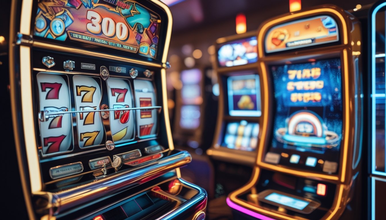 Dua mesin slot berdampingan, satu bergaya klasik dengan simbol tradisional dan satu lagi bergaya modern dengan layar digital berwarna-warni.