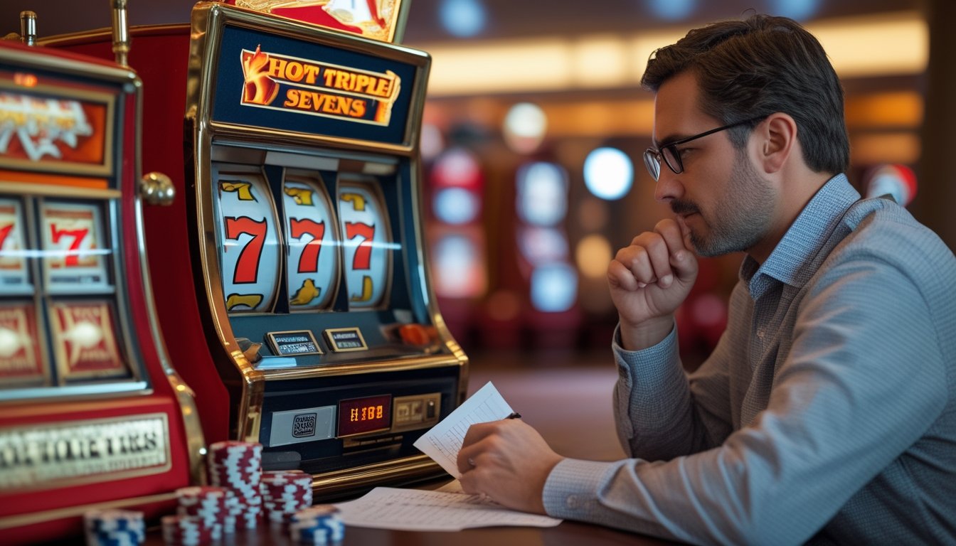 Seorang pria sedang mengelola keuangan sambil bermain mesin slot klasik dengan simbol triple tujuh di kasino.
