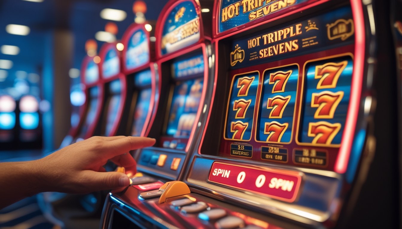 Mesin slot Hot Triple Sevens berwarna merah dan emas dengan simbol triple tujuh di layar, di dalam kasino dengan pencahayaan lembut.