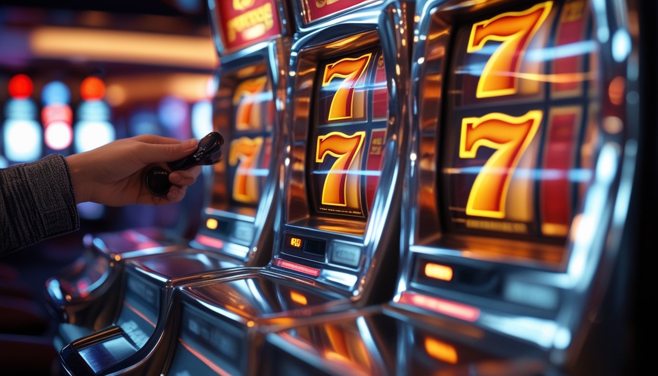 Gambar mesin slot dengan tiga angka tujuh merah menyala di layar, di dalam suasana kasino dengan tangan pemain siap menarik tuas.