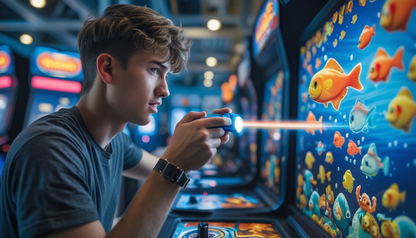 Seorang pria muda sedang bermain game tembak ikan klasik di pusat hiburan dalam ruangan, fokus pada layar besar yang menampilkan ikan digital berwarna-warni.