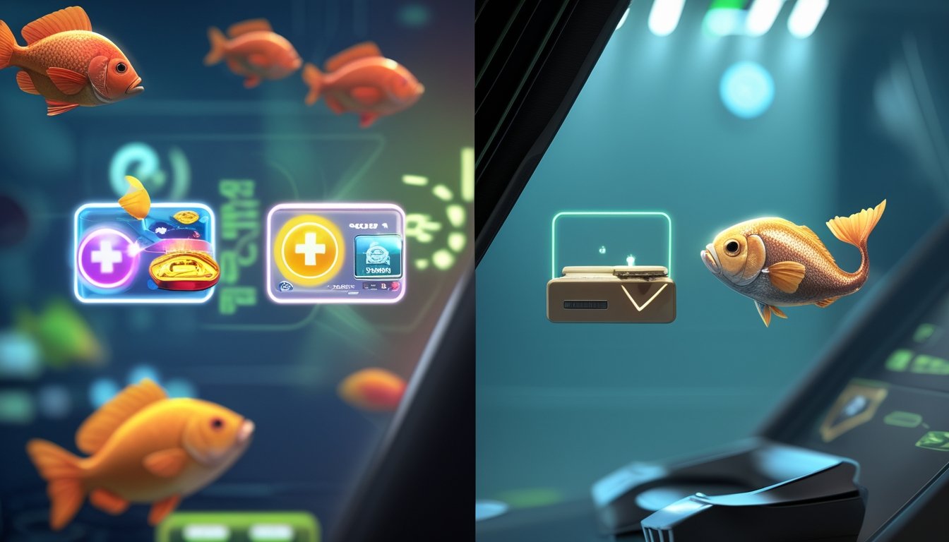 Gambar dua bagian berdampingan yang menunjukkan perbandingan antara permainan tembak ikan multiplier dengan visual warna-warni dan simbol hadiah digital, dan permainan tembak ikan klasik dengan grafis ikan sederhana dan simbol hadiah dasar.