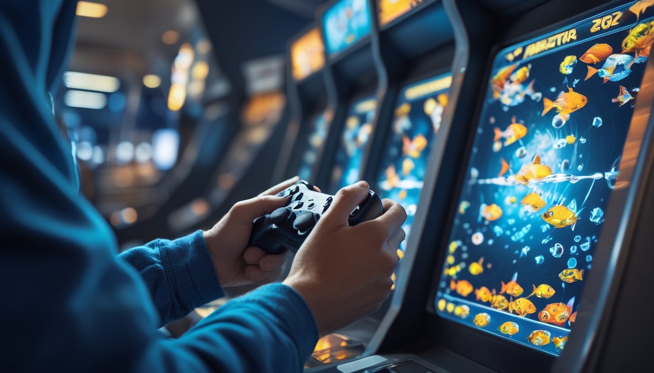 Seorang pemain sedang fokus memainkan permainan tembak ikan klasik dengan layar penuh warna dan ikon multiplier.
