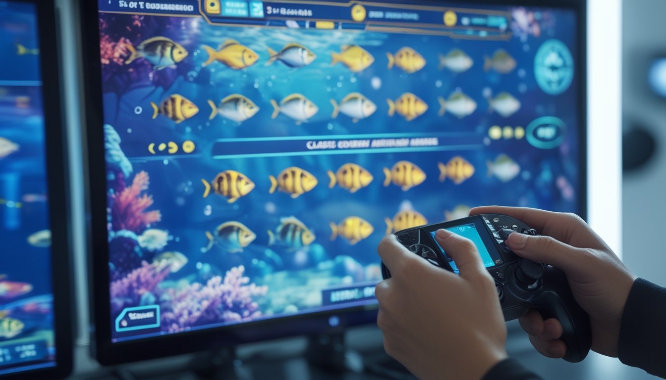 Seorang pemain yang fokus menggunakan pengendali untuk menembak ikan di layar permainan bertema bawah laut.