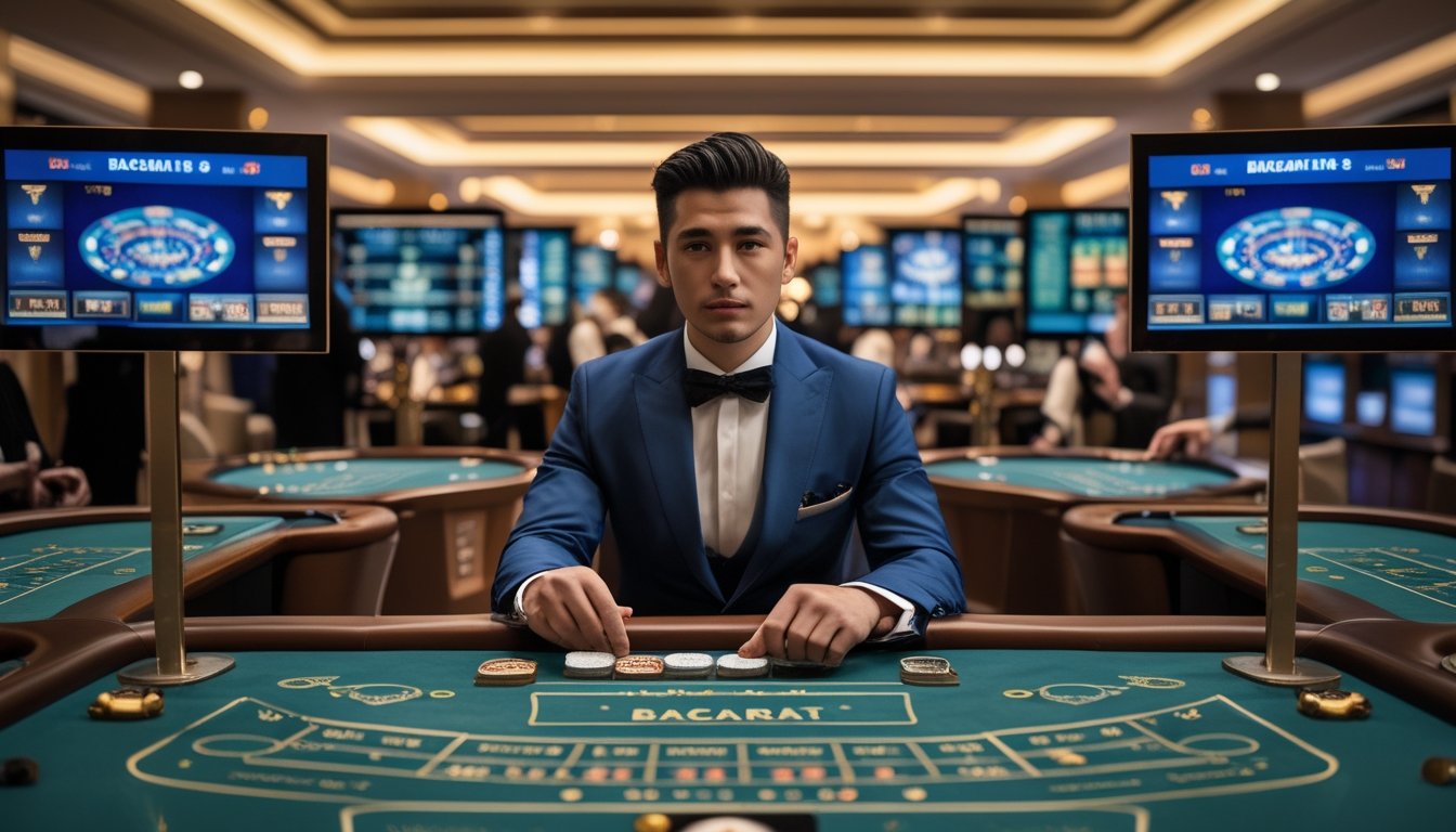 Seorang pemain mengenakan pakaian rapi duduk di depan beberapa meja baccarat dengan layar berbeda di kasino mewah, fokus bermain di banyak meja sekaligus.