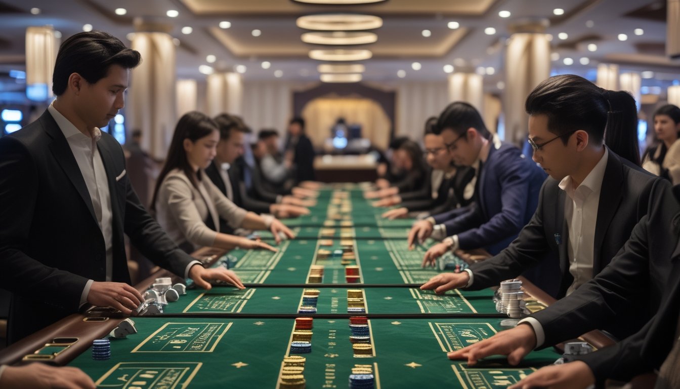 Beberapa pemain sedang bermain Baccarat di beberapa meja kasino secara bersamaan dengan dealer yang mengelola permainan di ruangan kasino yang elegan.
