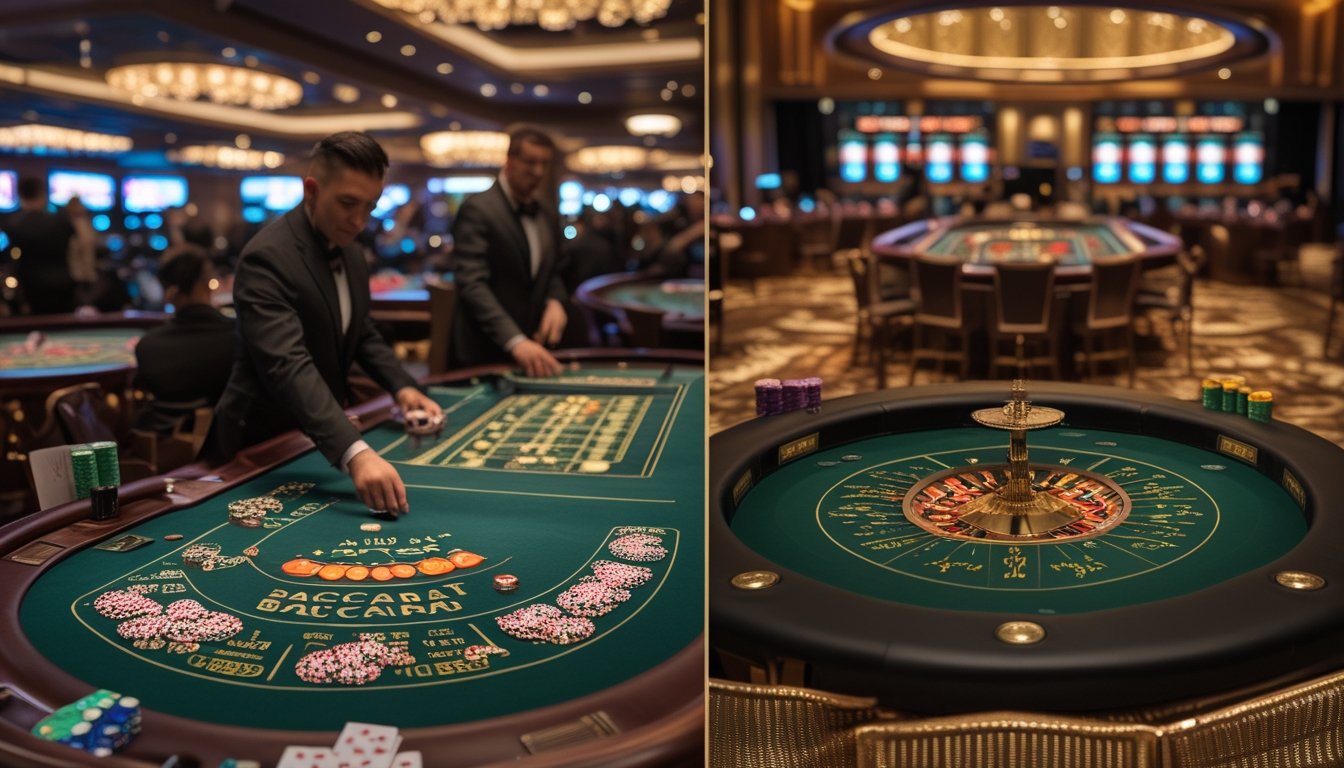 Dua meja baccarat di kasino, satu meja besar dengan banyak pemain dan satu meja kecil dengan beberapa pemain.