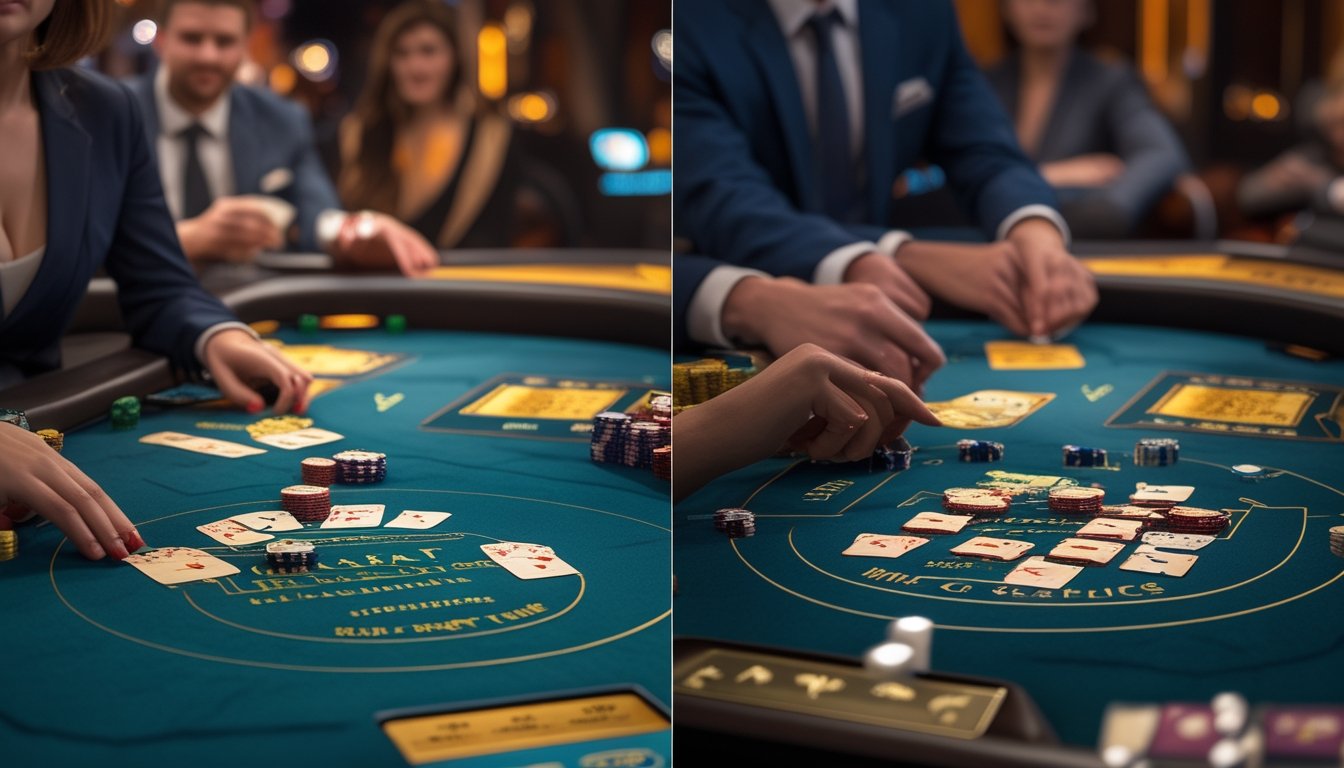 Dua meja baccarat di kasino, satu dengan banyak pemain dan satu lagi dengan sedikit pemain, menunjukkan suasana permainan yang berbeda.