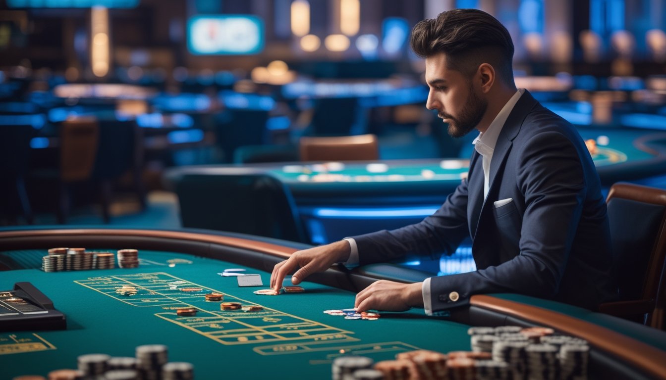 Seorang pemain berpakaian rapi sedang fokus bermain baccarat di beberapa meja kasino, dengan kartu dan tumpukan chip di meja yang terlihat rapi.